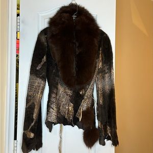 Distressed Metallic Croc Print Hide Wrap Coat w/ Fur Collar & PomPom Ties